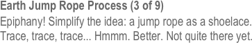 Earth Jump Rope Process (3 of 9)
Epiphany! Simplify the idea: a jump rope as a shoelace. Trace, trace, trace... Hmmm. Better. Not quite there yet.