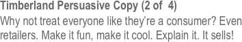 Timberland Persuasive Copy (2 of  4)
Why not treat everyone like they’re a consumer? Even retailers. Make it fun, make it cool. Explain it. It sells!